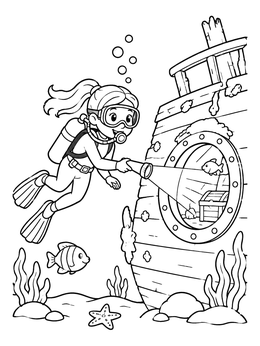 Free printable Young Diver Exploring Shipwreck Porthole coloring page