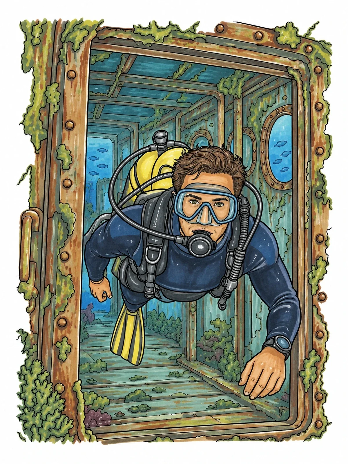 Colored example of the Scuba Diver In Sunken Ship coloring page