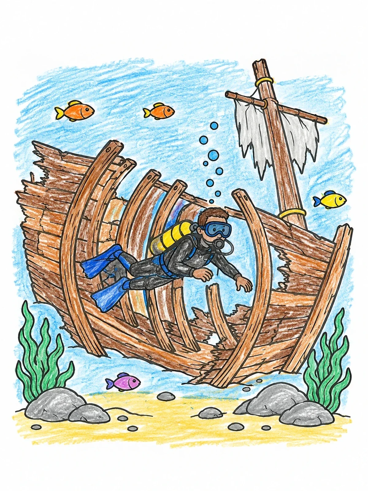 Colored example of the Scuba Diver Exploring A Sunken Shipwreck coloring page
