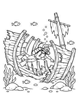 Free printable Scuba Diver Exploring A Sunken Shipwreck coloring page