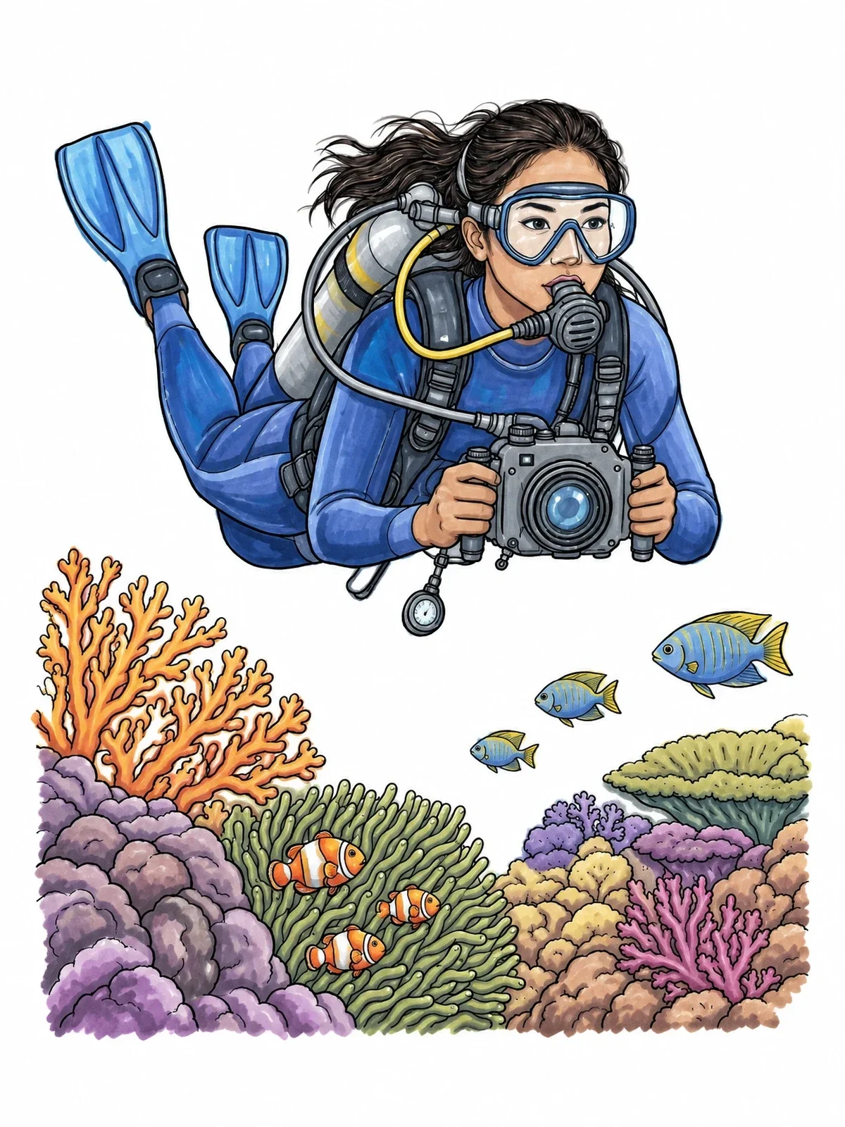 Colored example of the Scuba Diver With Underwater Camera coloring page