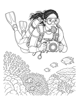 A scuba diver explores a coral reef in this camera coloring page.
