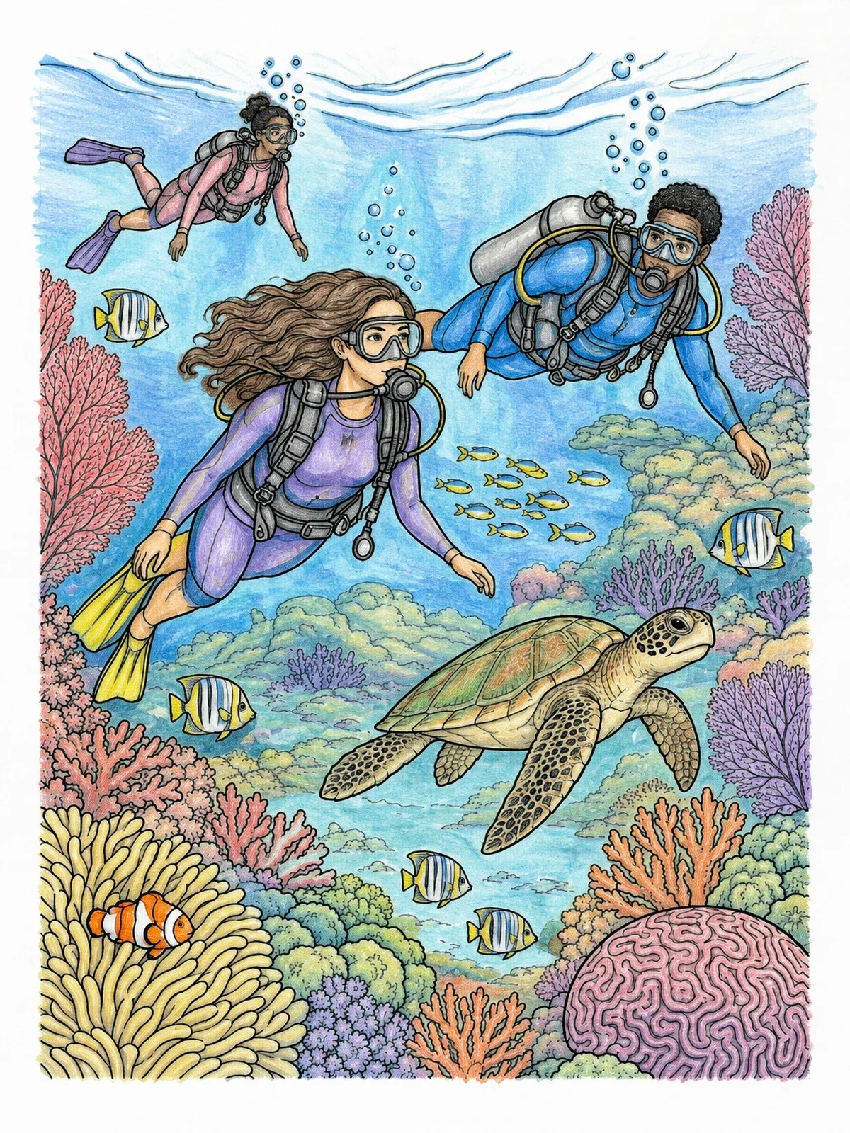 Colored example of the Scuba Divers Exploring A Coral Reef coloring page