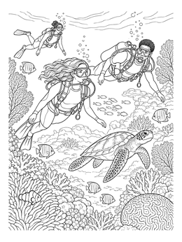 Free printable Scuba Divers Exploring A Coral Reef coloring page