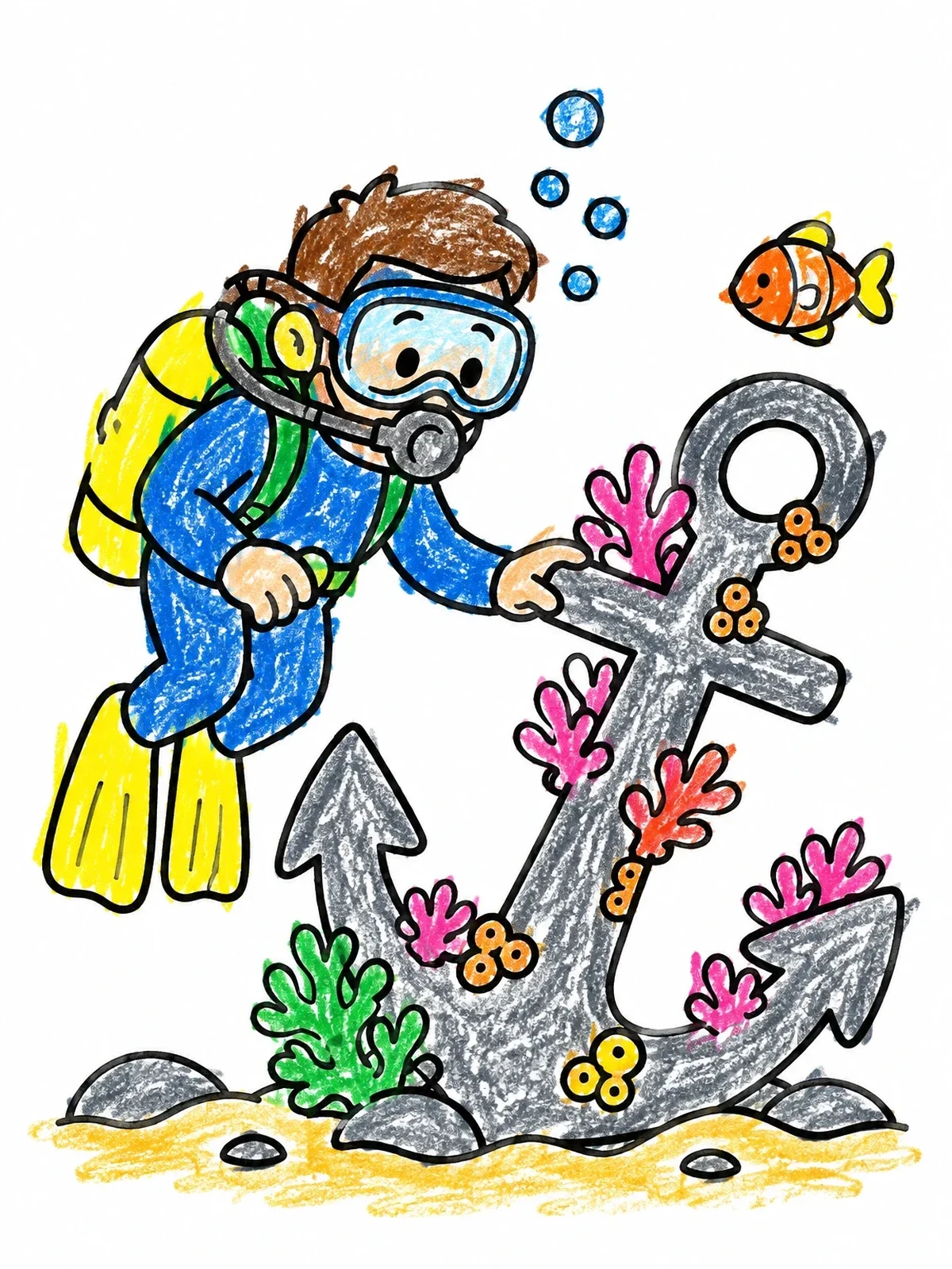 Colored example of the Diver Discovering An Ocean Anchor coloring page