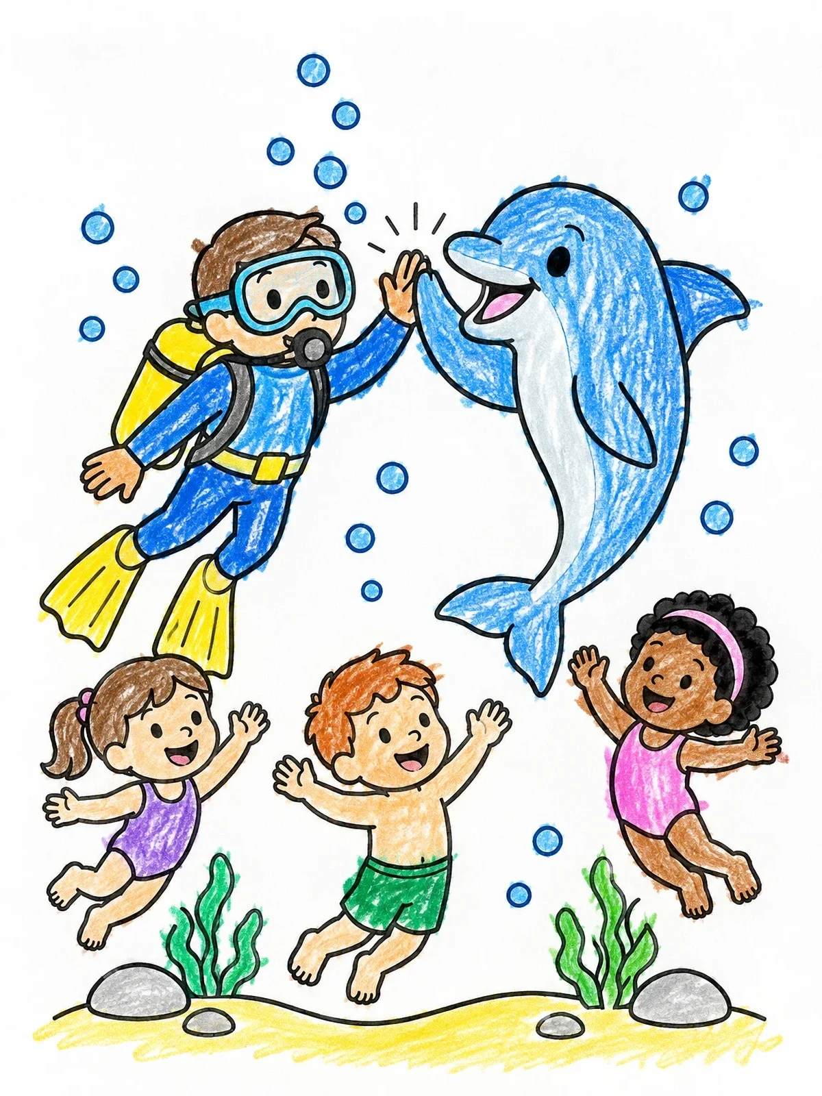 Colored example of the Diver And Dolphin High Five Underwater coloring page