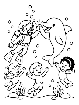 Free printable Diver And Dolphin High Five Underwater coloring page
