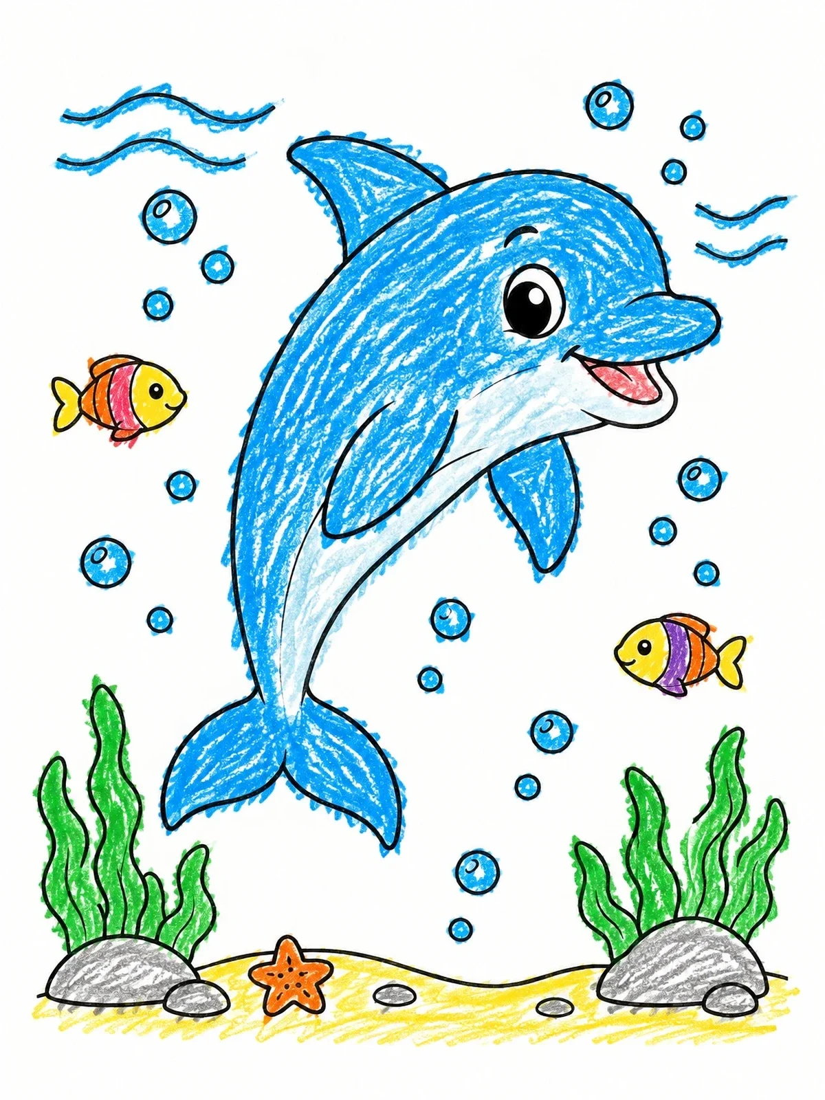 Colored example of the Playful Dolphin Swimming Underwater coloring page