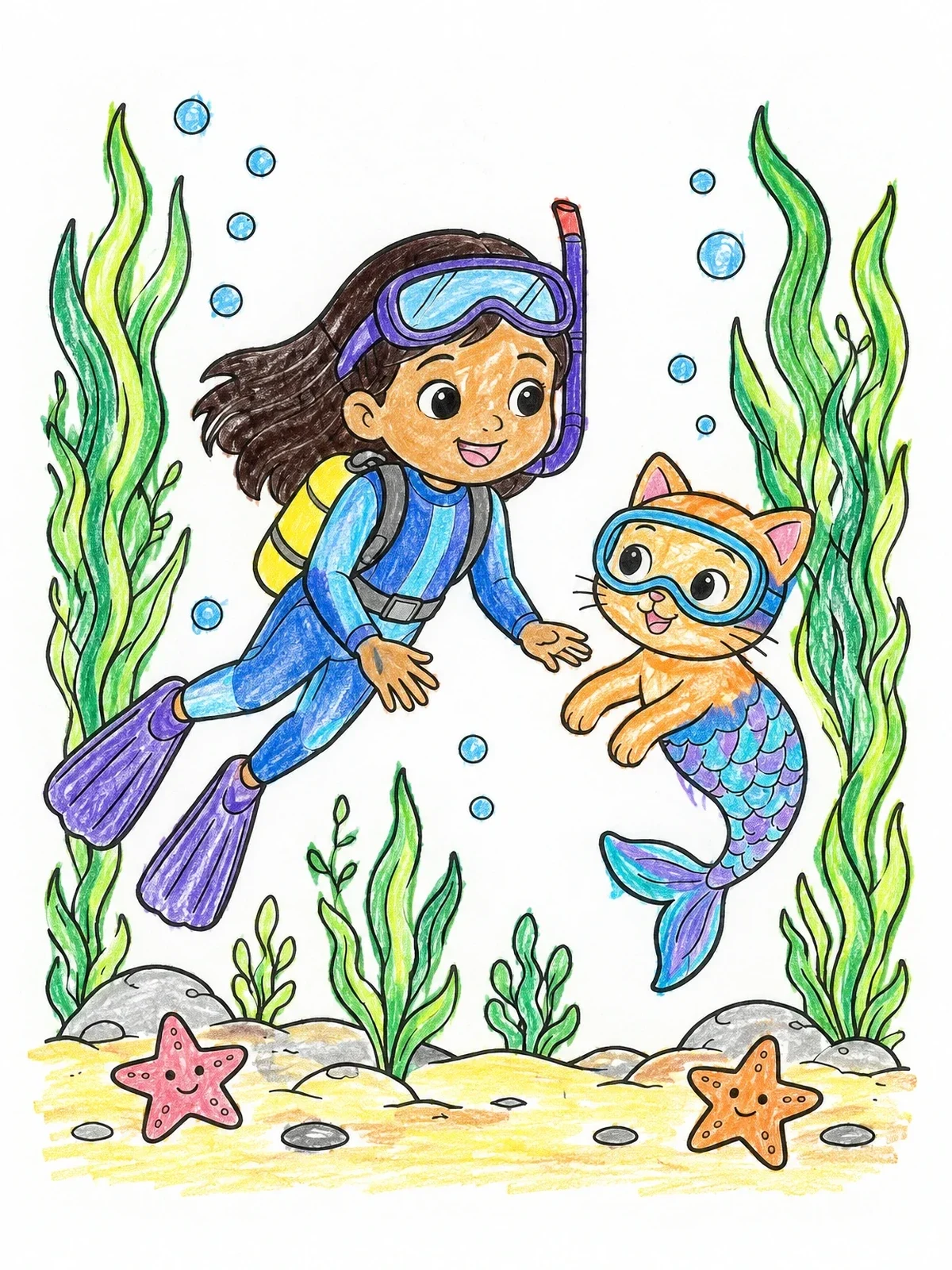 Colored example of the Scuba Girl Swimming With Mercat coloring page
