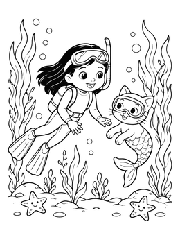 A young diver meets a cute friend in this mercat coloring page.
