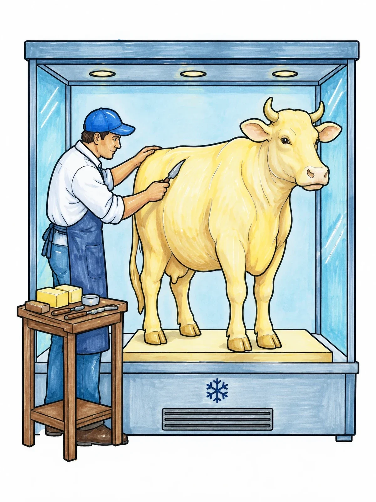 Colored example of the Sculptor Carving The Iowa Butter Cow coloring page