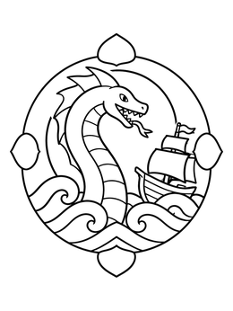 Free printable Sea Dragon And Sailing Ship Emblem coloring page