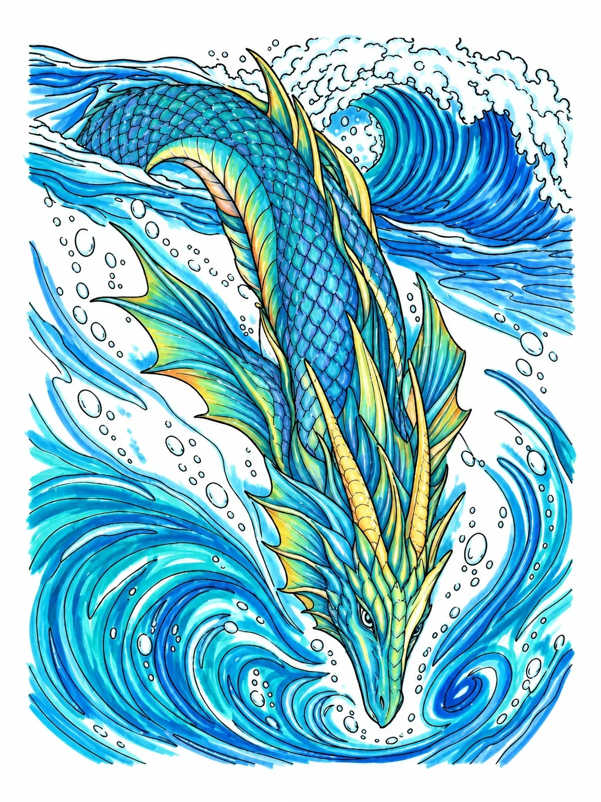 Colored example of the Sea Dragon Beneath Tsunami Waves coloring page