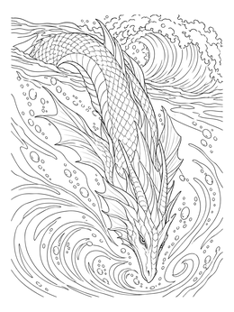 Free printable Sea Dragon Beneath Tsunami Waves coloring page