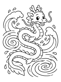 Free printable Friendly Water Dragon In Ocean Waves coloring page