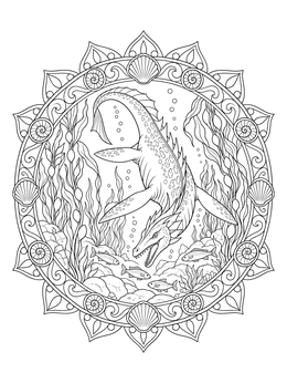 A detailed sea dragon coloring page framed by a seashell mandala underwater.