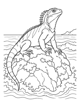 A marine iguana perches on an ocean rock in this sea dragon coloring page.