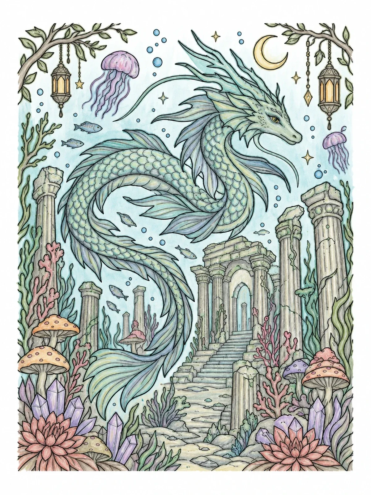 Colored example of the Sea Dragon Over Ancient Ruins coloring page