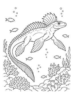 Detailed sea dragon coloring page swimming above a vibrant underwater coral reef with small fish.