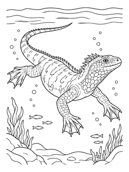 A realistic water sea dragon coloring page showing a swimming reptile with webbed feet underwater.