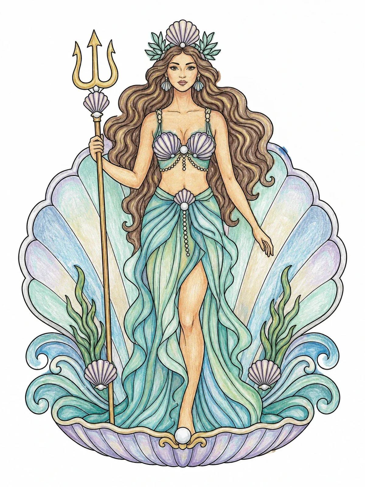 Colored example of the Sea Goddess In A Scallop Shell coloring page