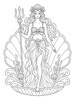 A graceful sea goddess coloring page standing in an open seashell holding a trident.
