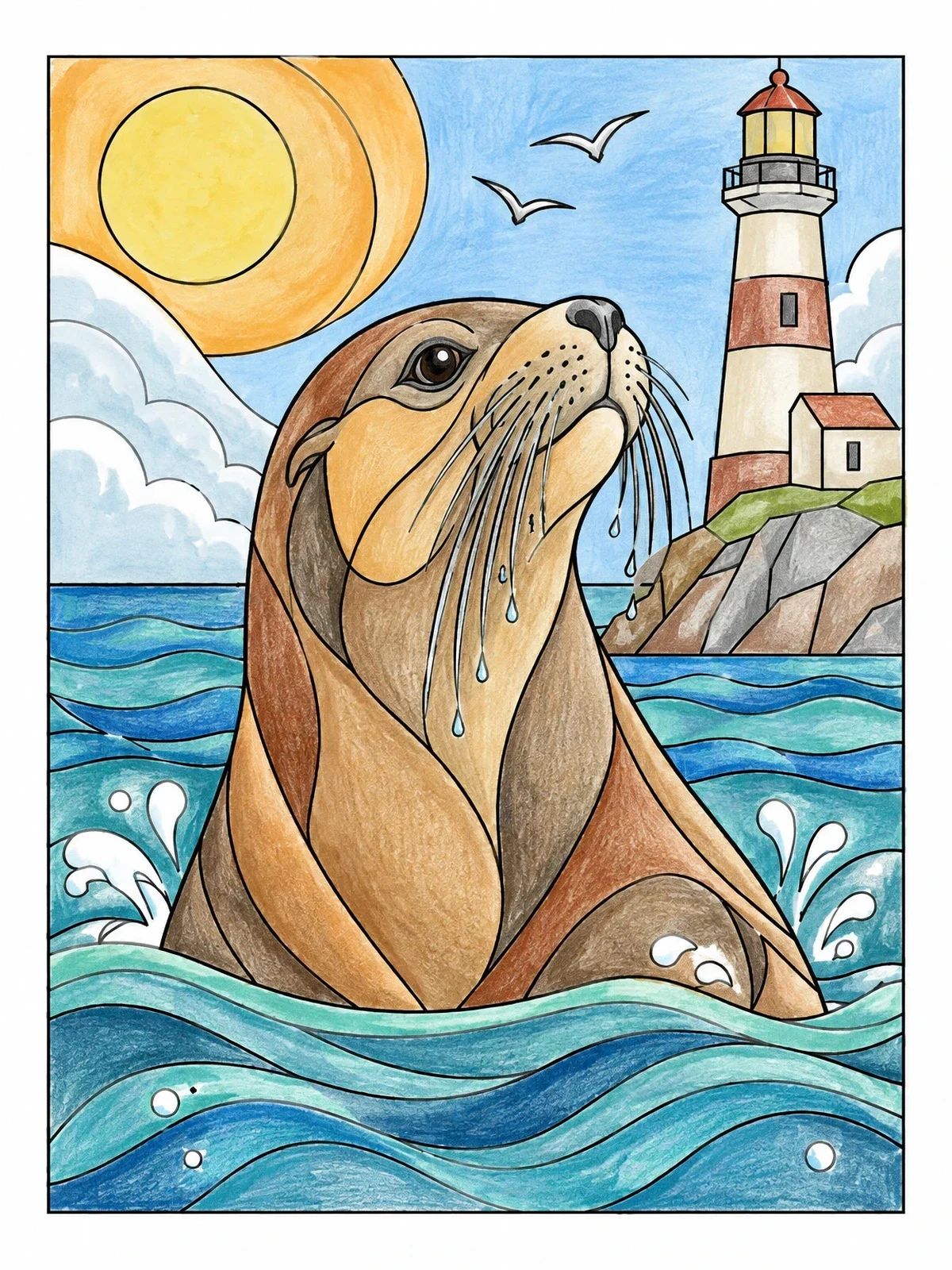 Colored example of the Sea Lion Near Coastal Lighthouse coloring page