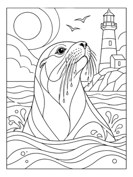 A detailed sea lion coloring page featuring a surfacing marine mammal before a coastal lighthouse.