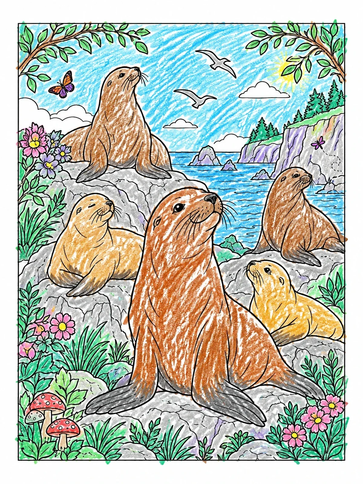 Colored example of the Sea Lions Resting By The Ocean coloring page