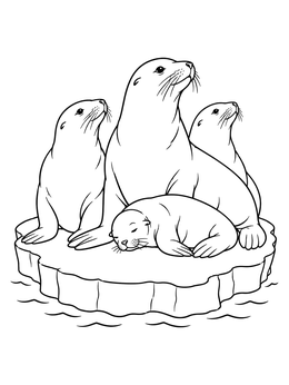 A group of sea lions resting together on an ice floe in this sea lion coloring page.