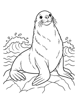A friendly sea lion coloring page showing the animal resting on rocks with ocean waves.