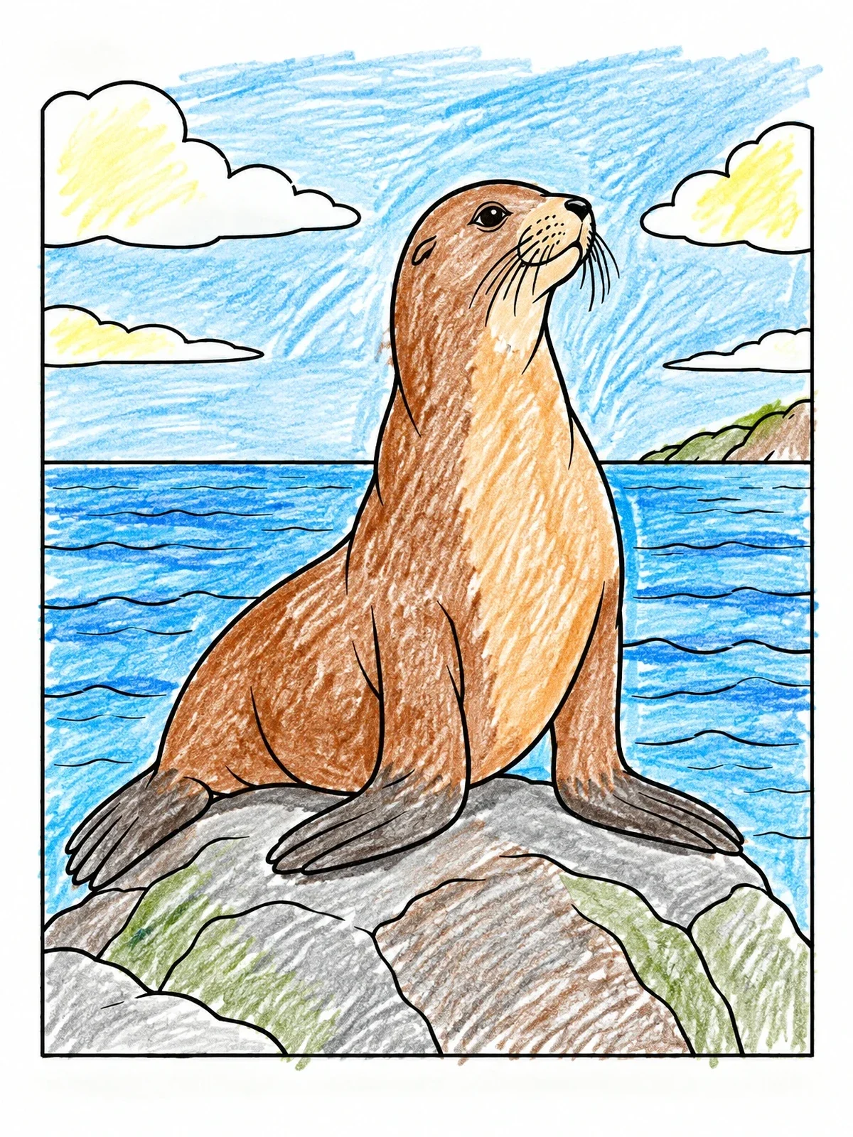 Colored example of the Sea Lion On Ocean Rocks coloring page