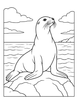 A sea lion resting on coastal rocks in this sea lion coloring page with ocean and clouds.
