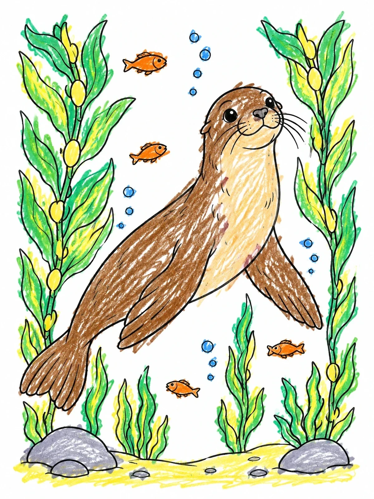 Colored example of the Sea Lion Swimming In Kelp Forest coloring page