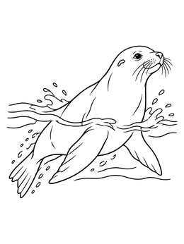 A sea lion coloring page showing the animal gliding gracefully through splashing waves.