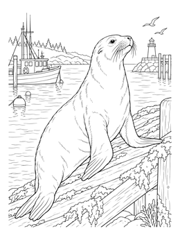 Detailed sea lion coloring page showing a sea lion resting on a ramp by a harbor.