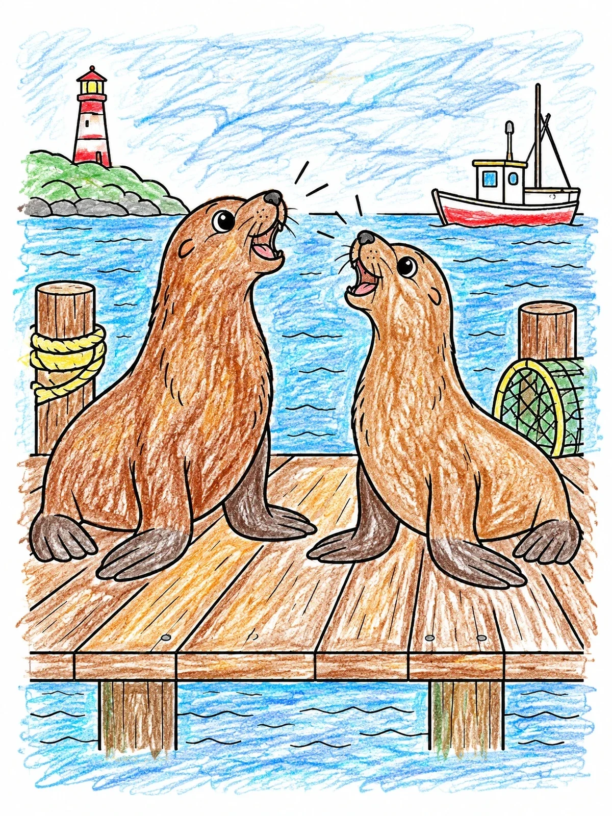 Colored example of the Sea Lions Barking On Harbor Pier coloring page
