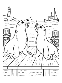 Free printable Sea Lions Barking On Harbor Pier coloring page