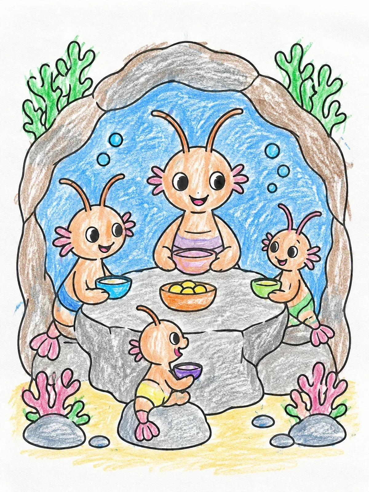 Colored example of the Sea Monkey Family Dinner Underwater coloring page