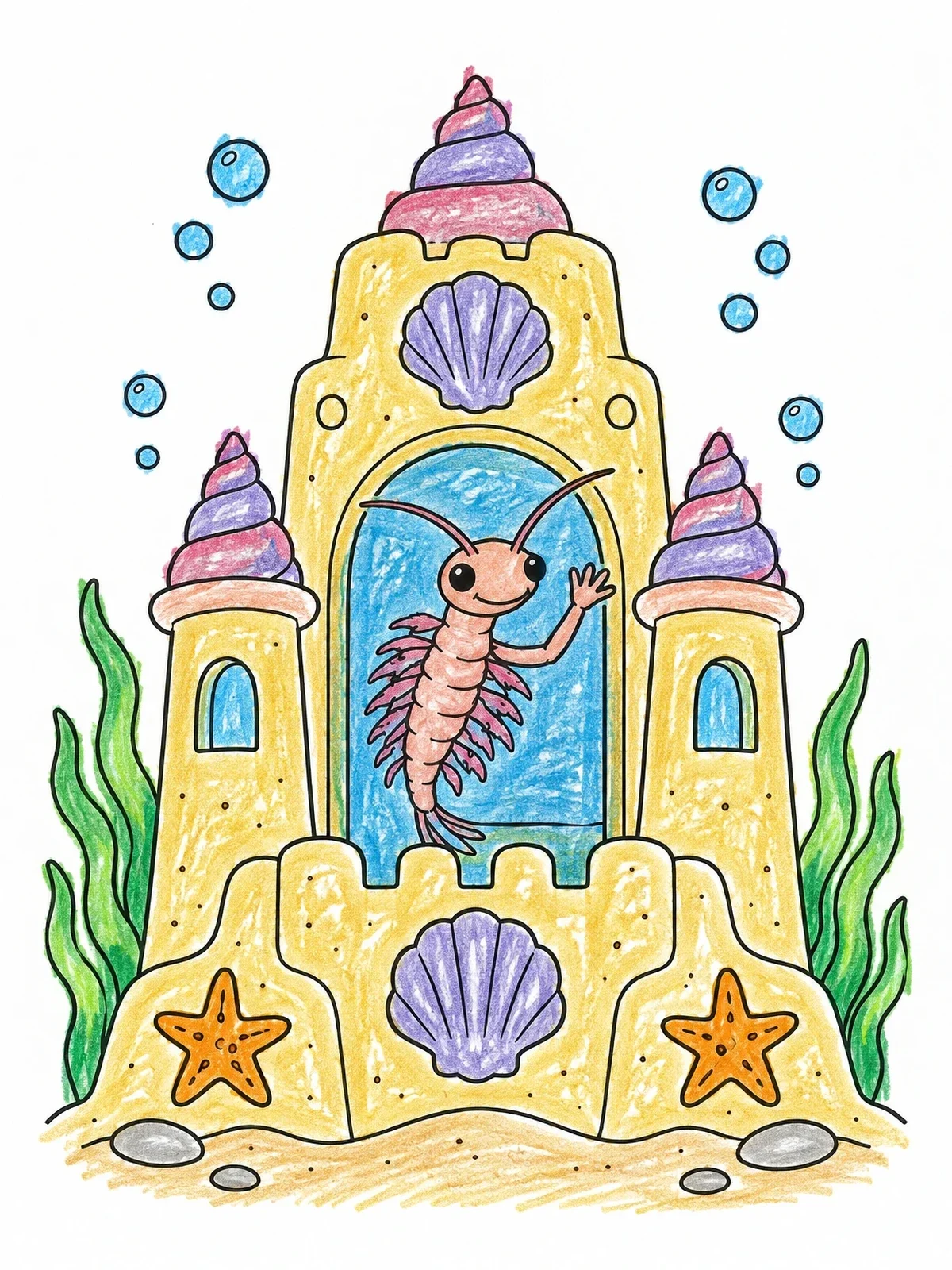 Colored example of the Sea Monkey In A Sandcastle coloring page