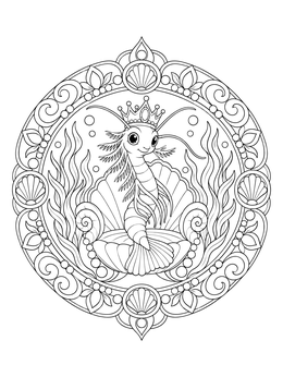 Detailed sea monkey coloring page featuring a crowned aquatic creature resting on an ornate seashell throne.