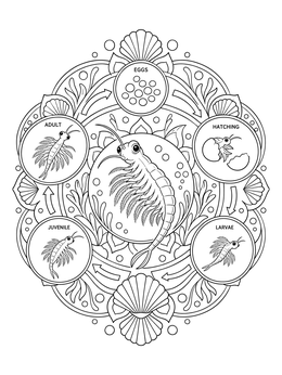 Detailed sea monkey coloring page displaying the biological life cycle inside a circular mandala.