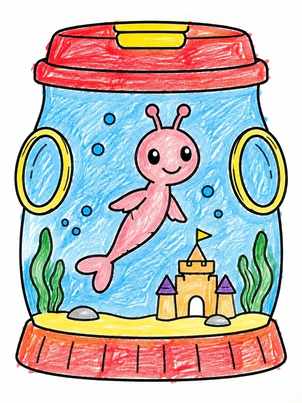 Colored example of the Sea Monkey Swimming In Tank coloring page