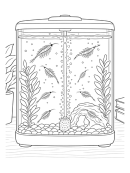 Detailed sea monkey coloring page showing brine shrimp swimming around plants and bubbles in an aquarium.