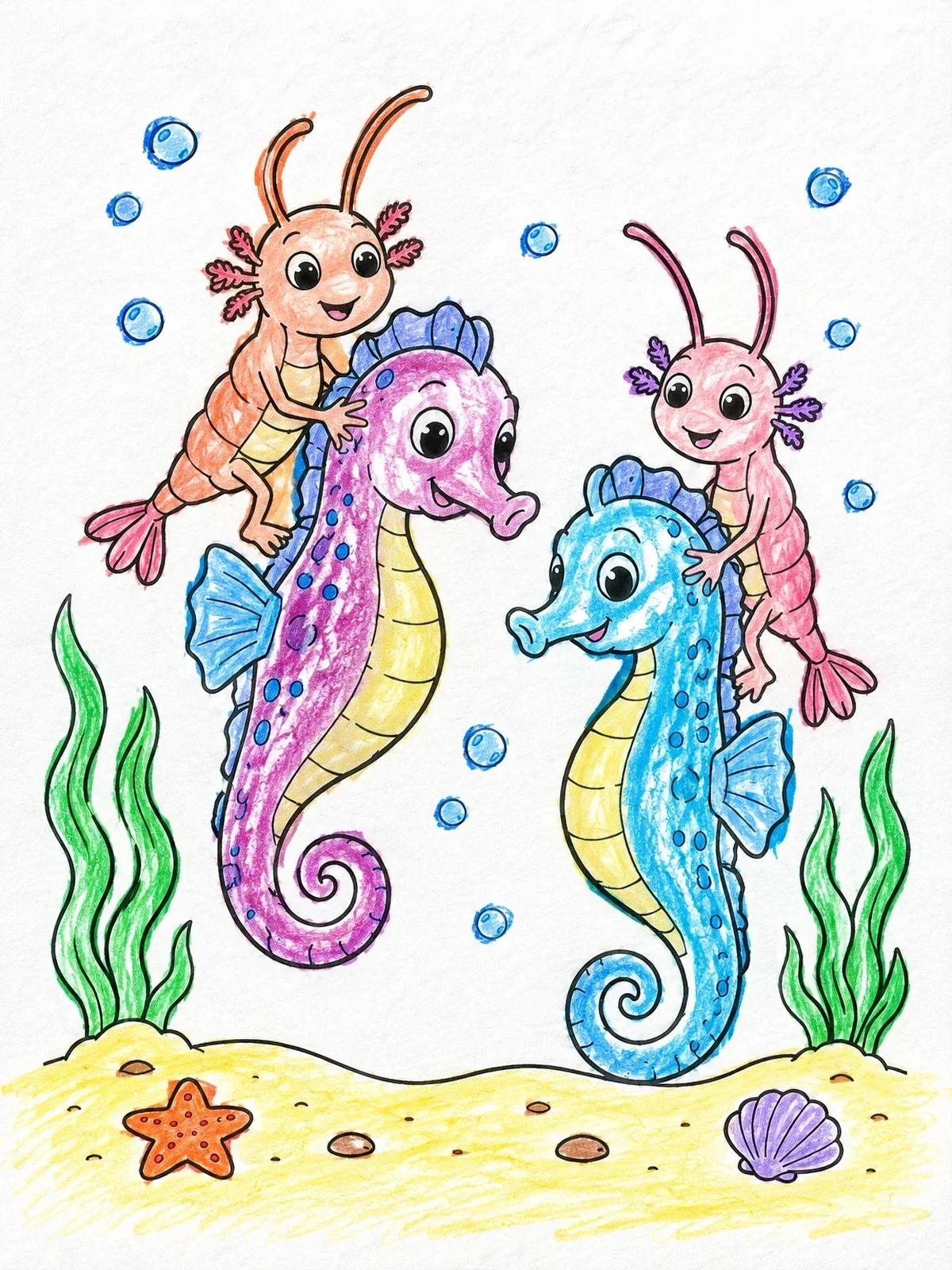 Colored example of the Sea Monkeys Riding Friendly Seahorses coloring page