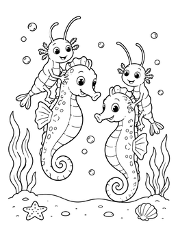 Free printable Sea Monkeys Riding Friendly Seahorses coloring page