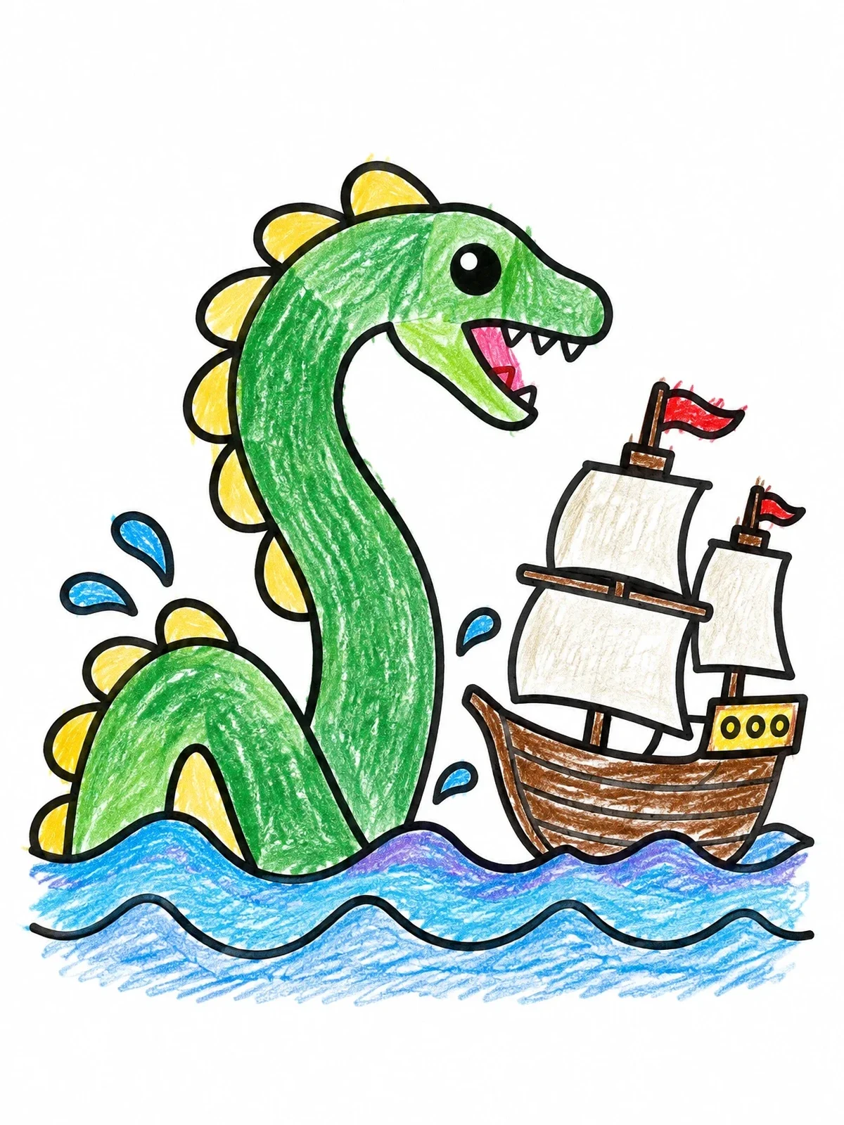 Colored example of the Friendly Sea Monster And Sailing Ship coloring page
