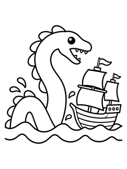 Free printable Friendly Sea Monster And Sailing Ship coloring page