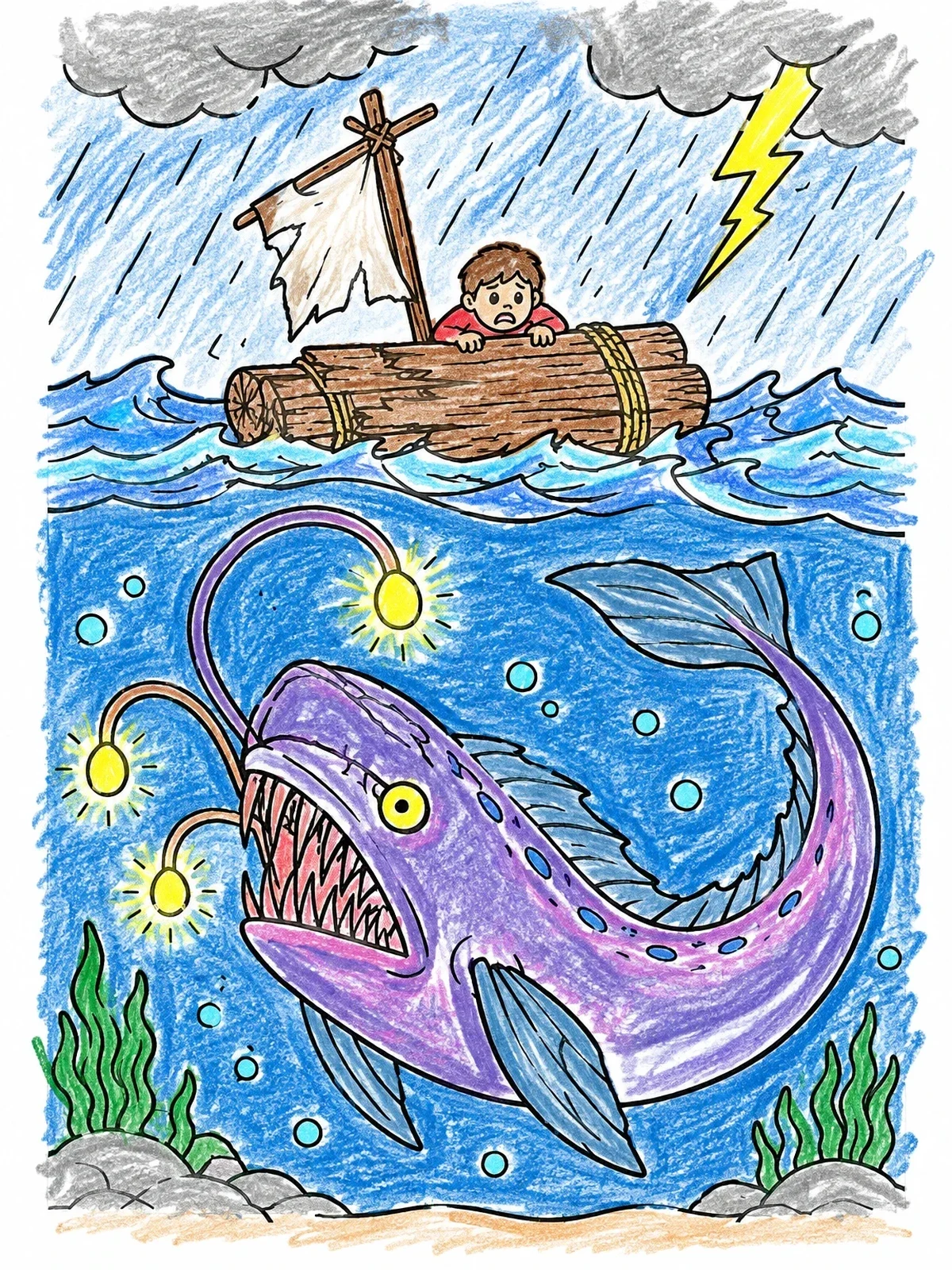 Colored example of the Giant Anglerfish Beneath A Wooden Raft coloring page