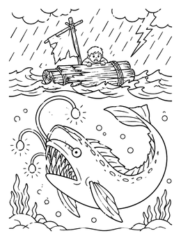 Free printable Giant Anglerfish Beneath A Wooden Raft coloring page